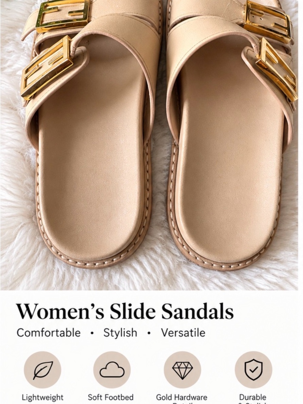 Fendi Nude Leather Slide Sandals with Gold Buckles